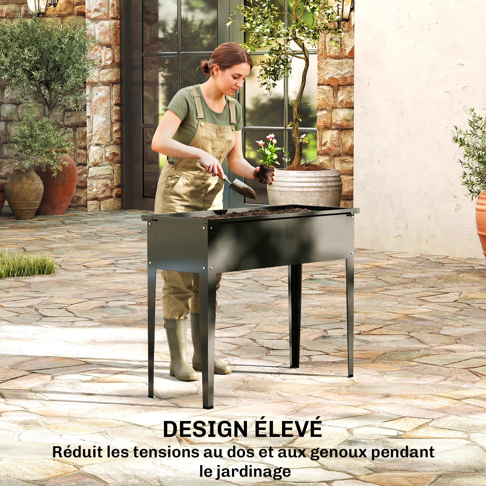 Jardinière sur pieds coins renforcés inserts d'irrigation métal noir