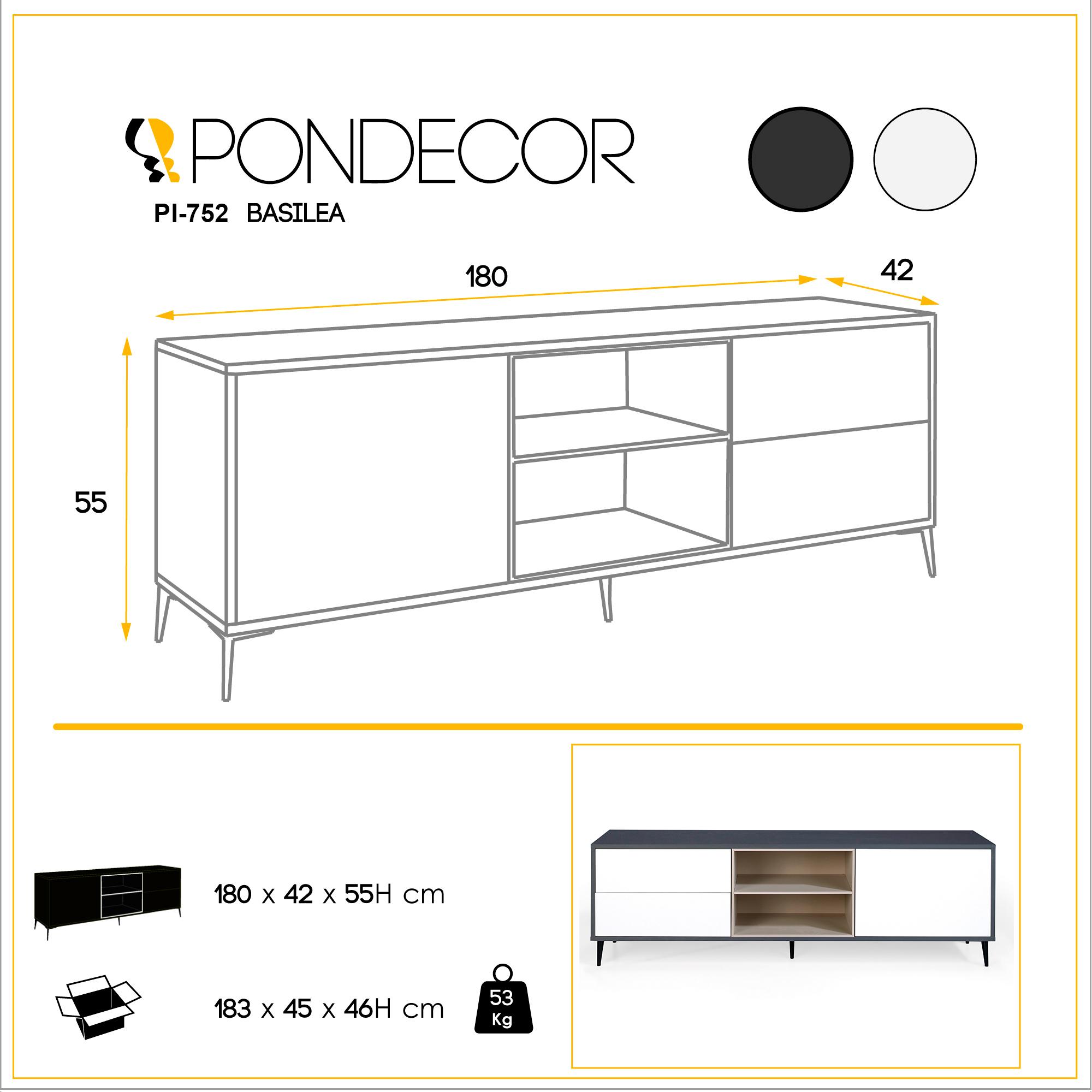 Mueble TV BASILEA - 2 cajones, 2 huecos y 1 puerta - antracita, blanco polar y visón - 180x42x55cm