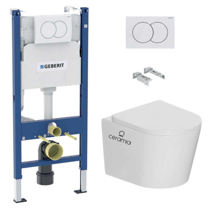 Pack WC bâti-support Duofix 112cm + WC suspendu Ceramia Tornado Rimless + abattant SoftClose + plaque blanche (CETORGEB3)