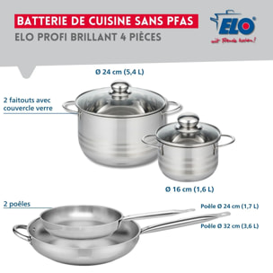 Ensemble de 2 Poêles de cuisson 24 et 32 cm et 2 faitouts 16 et 24 cm Elo Profi Brillant