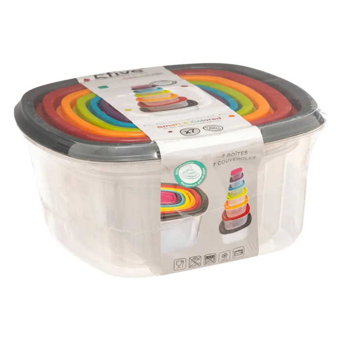 7 boîtes de conservation carrées "Colors" plastique