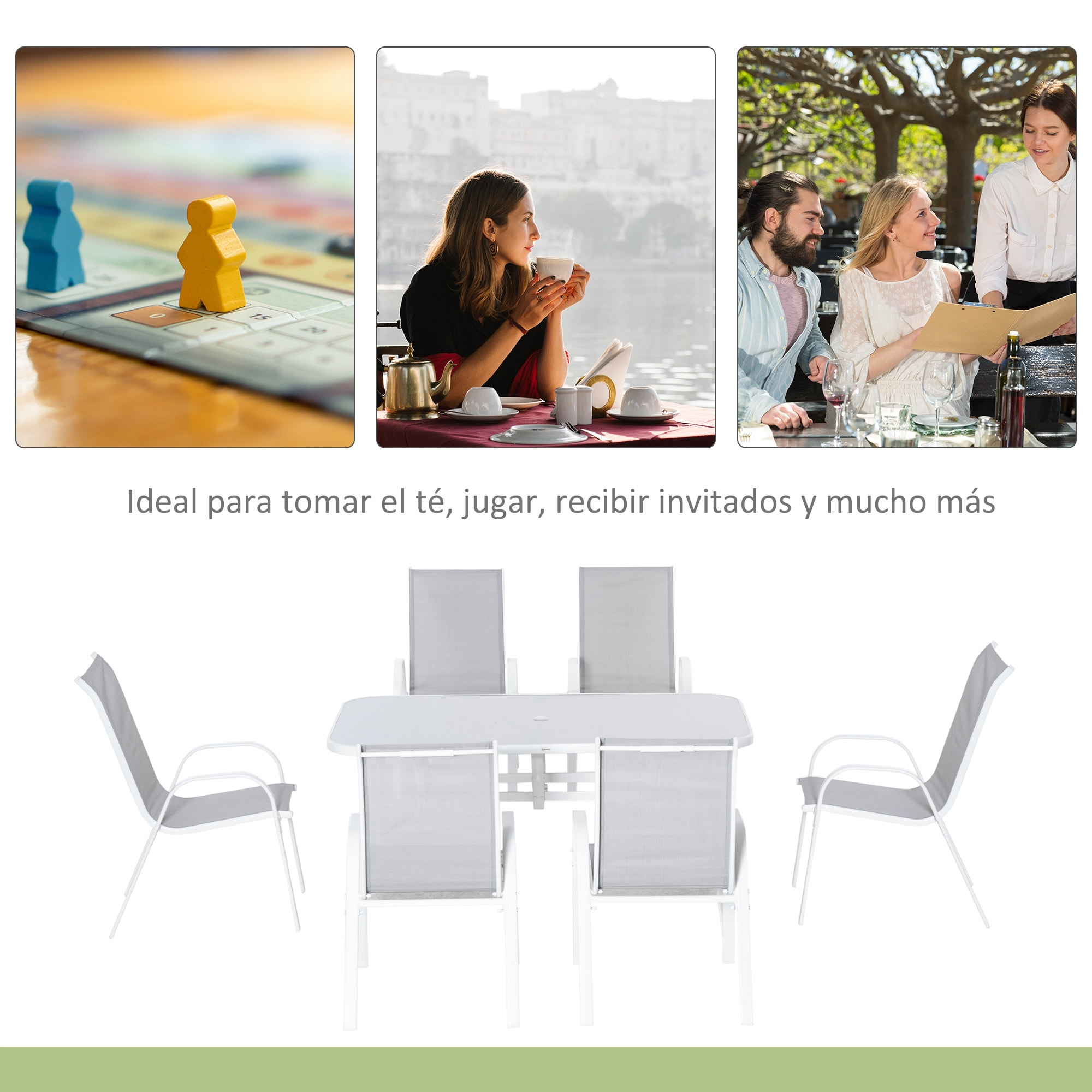 Conjunto de Mesa y Sillas Jardín de 7 Piezas, Muebles de Jardín Exterior con Mesa y 6 Sillas para Terraza con Orificio para Sombrilla y Encimera de Cristal, para Terraza Patio, Gris