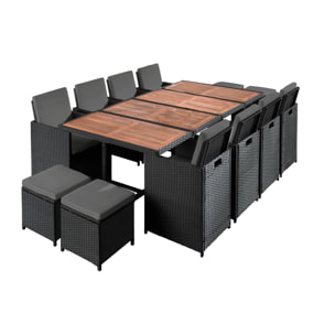 Cuba - Salon de jardin encastrable 12 places - en résine tressée - Noir avec coussins gris + housse de protection - Noir / Gris