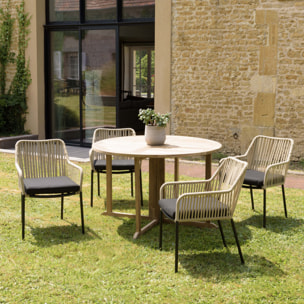 MALO - SALON DE JARDIN 4 PERS. - 1 Table ronde 120x120cm et 4 fauteuils beiges et noirs en cordage