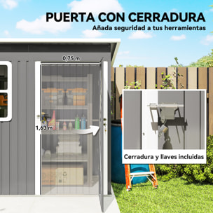 Caseta de Jardín Exterior, 2,55 m² 221x133x190 cm, Cobertizo de Jardín Exterior Metálico con Ventana, Puerta con Cerradura y Ventilaciones, para Almacenamiento de Herramientas, Gris Oscuro