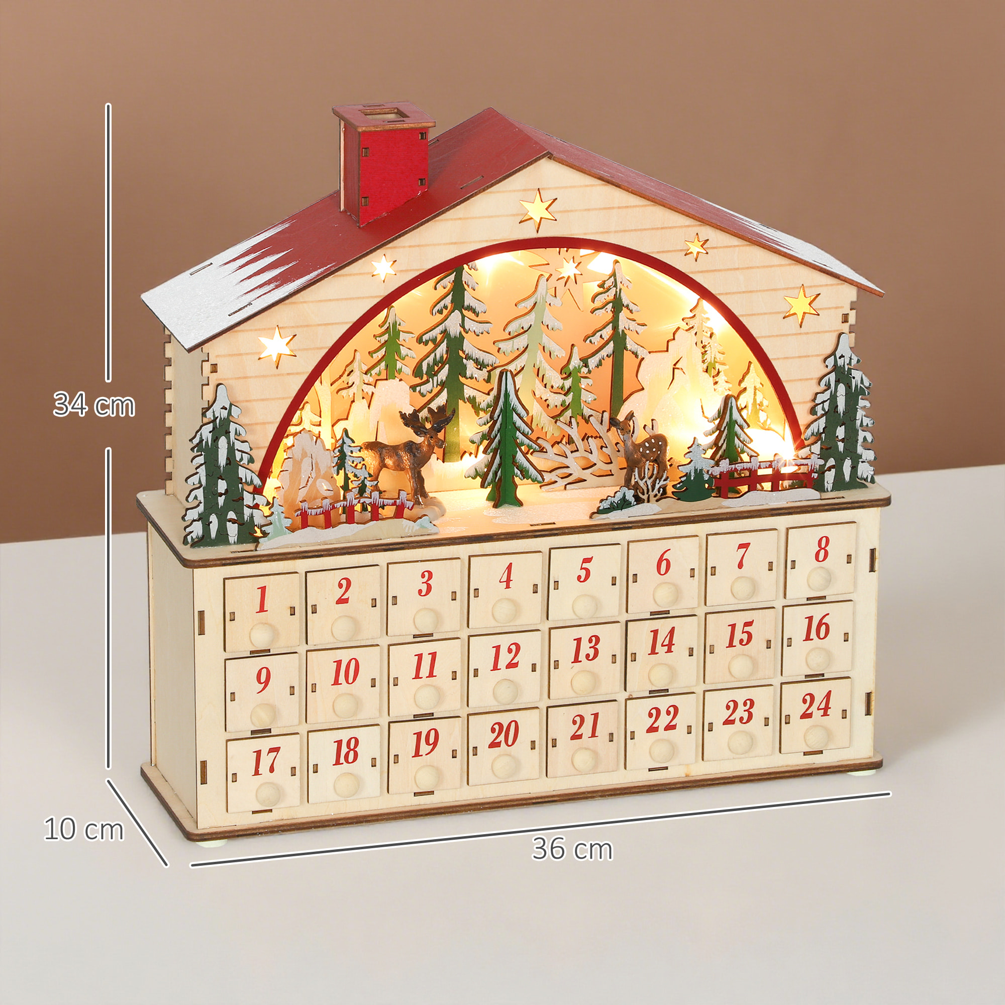 Calendario de Adviento para Rellenar de Madera, con Luces LED y 24 Cajones, Calendario de Adviento de Navidad Reutilizable con Escena de Pueblo, Decoración Navideña, 36x10x34 cm, Natural