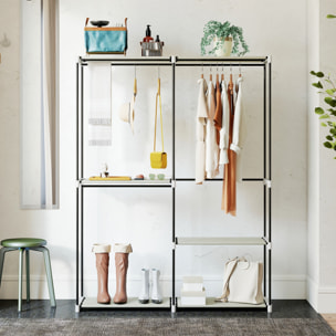 Armario de Ropa, Perchero, 142x43x185 cm, Armario Abierto con 4 Estantes de Tela, 3 Barras para Colgar, Marco de Metal, para Dormitorio, Salón, Vestidor, Crema