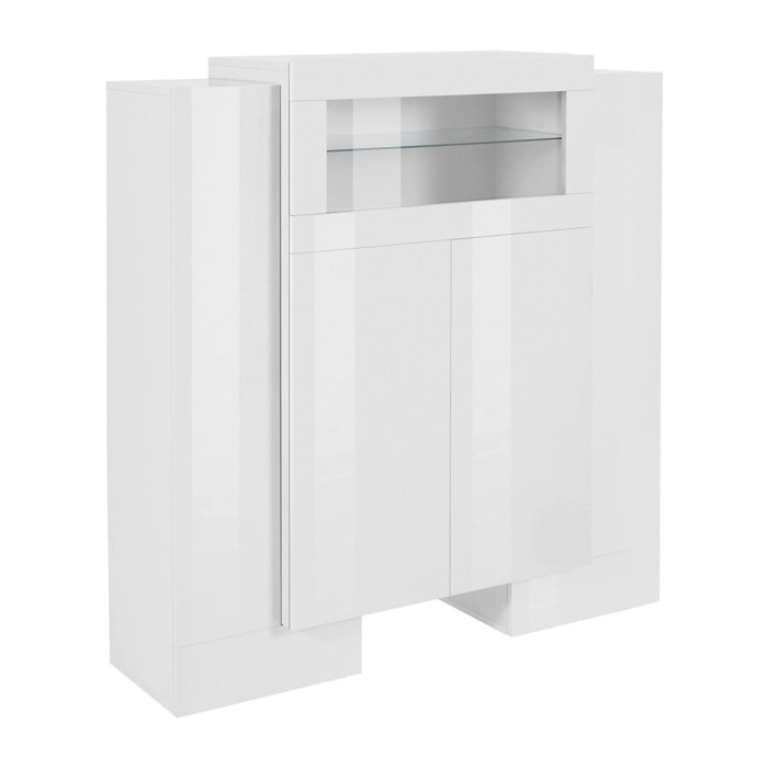 Credenza moderna a 5 ante con dettaglio in vetro, Made in Italy, Vetrinetta, Mobile da soggiorno, cm 130x45h135, colore Bianco lucido