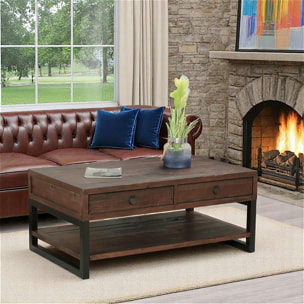 Table basse bois recyclé double plateau 2 tiroirs SAMOA