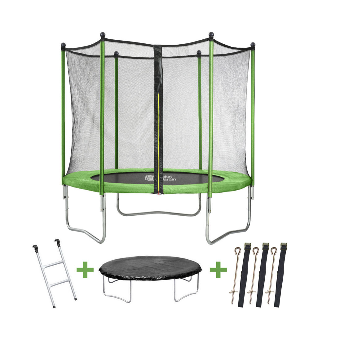 Trampoline "Yoopi" - Ø 2.44 m - Avec filet + échelle + couverture + kit d'ancrage