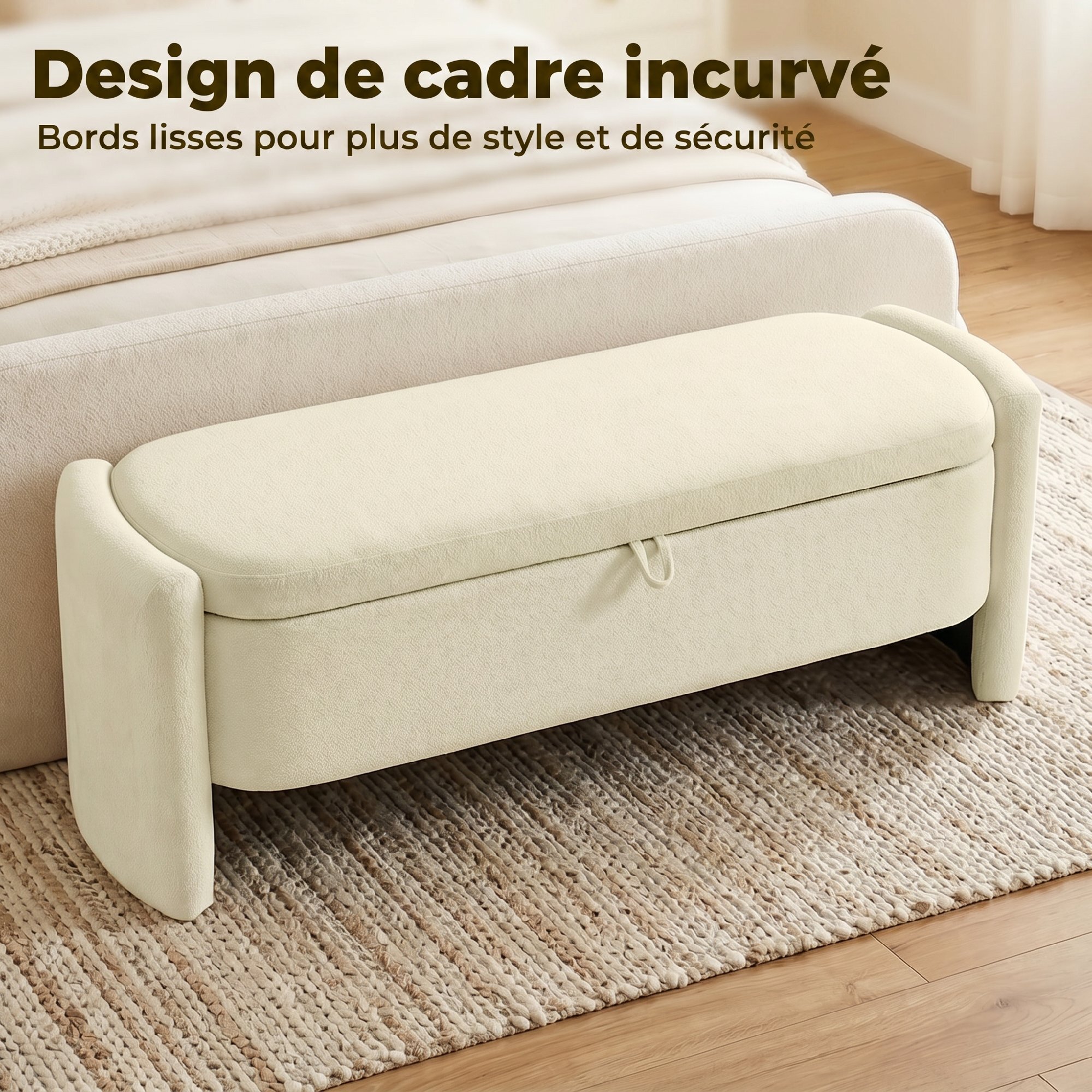 Banquette coffre de rangement design bouclette arrondi beige