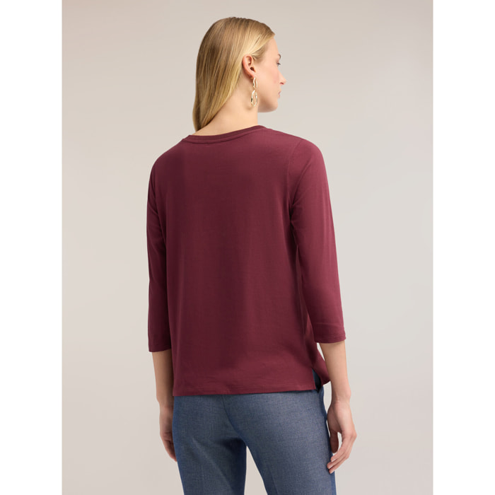 Motivi - Camiseta bimaterial de mangas de tres cuartos - Burgundy