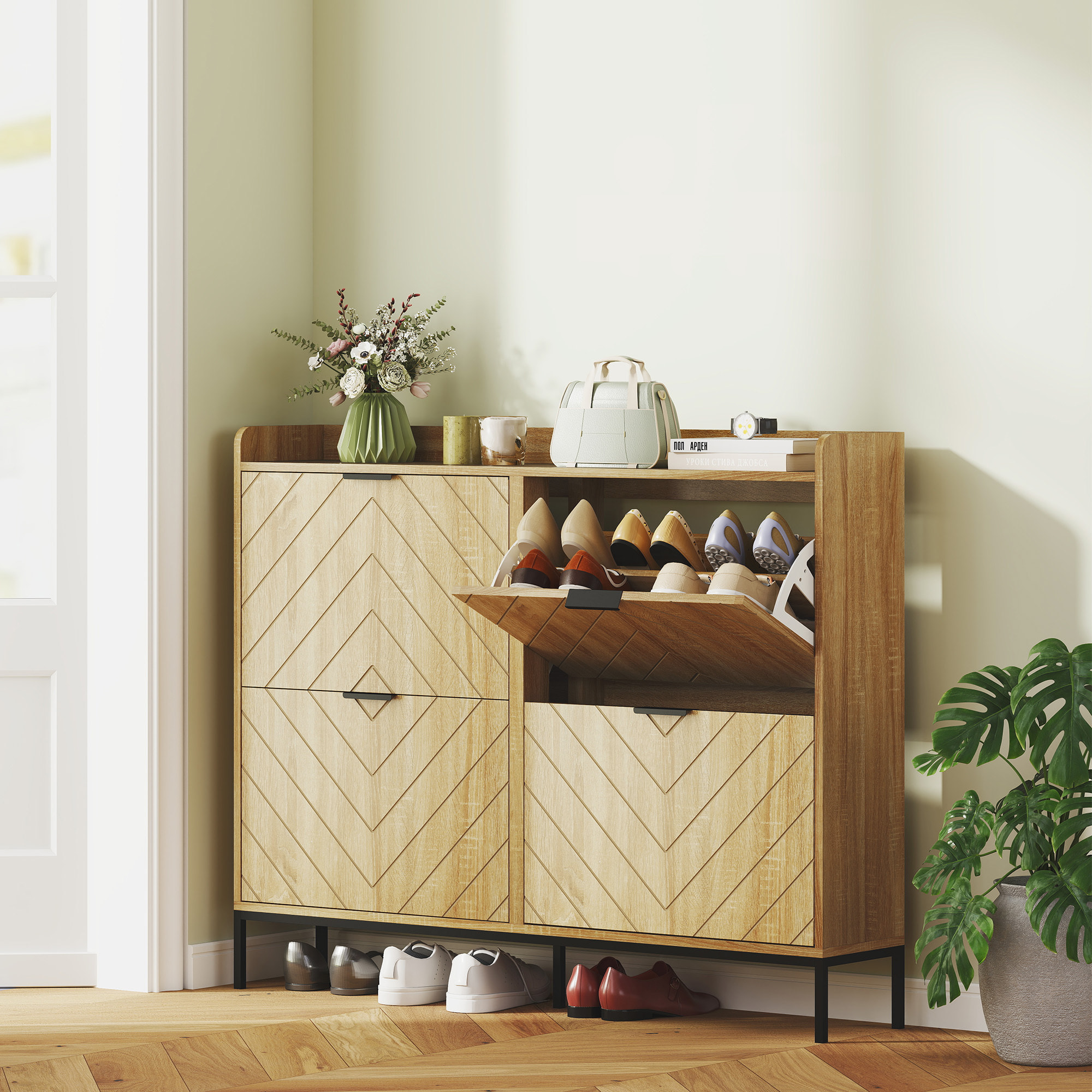 Zapatero Estrecho con 4 Puertas Abatibles Zapatero Entrada Recibidor con Estantes Ajustables para 16 Pares de Zapatos para Pasillo Espacios Reducidos 120x23,5x95,5 cm Roble