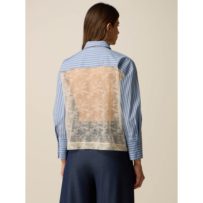 Oltre - Camisa de rayas con insertos de encaje - Light - blue