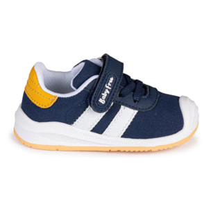 DEPORTIVO BAREFOOT BABY FREE - LONA AZUL | ELEGANCIA CLÁSICA CON DOBLE BANDA BLANCA.