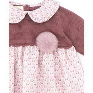 Vestido combinado punto y viella hojas malva y blanco