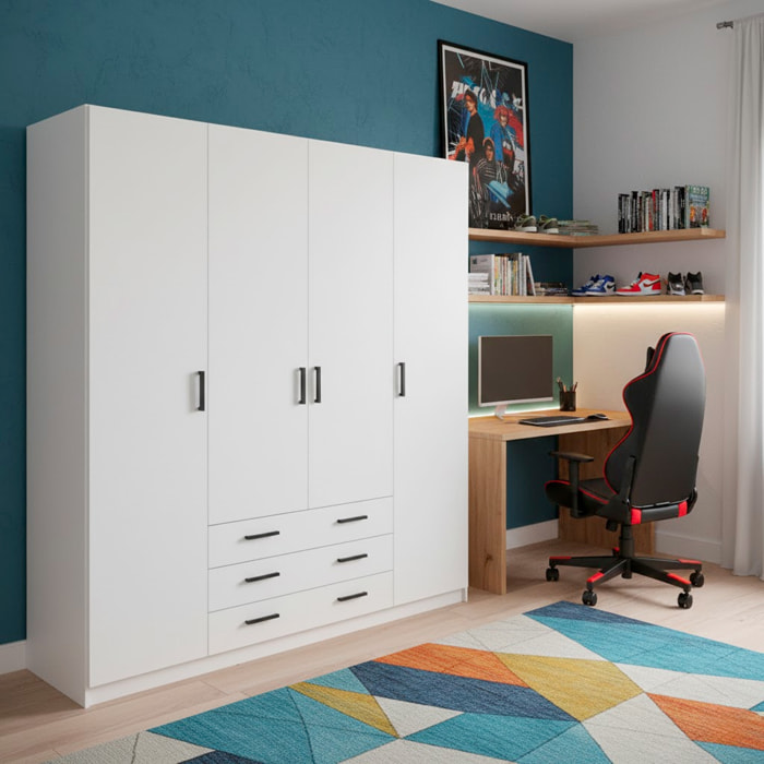 Armadio Con 4 Ante E 3 Cassetti Armadietto Multiuso Barra Appendiabiti E 8 Ripiani Di Cui 6 Regolabili Extra Capiente 195,5 x 49,6 x 200,4 Cm Bianco