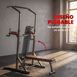 Estación de Musculación Plegable Torre de Entrenamiento Altura Ajustable con Barra de Dominadas Banco Reclinable para Fitness en Casa Gimnasio Carga 150 kg Antideslizante Acolchada Negro y Rojo