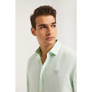 Camicia verde chiaro in lino con collo francese e logo ricamato