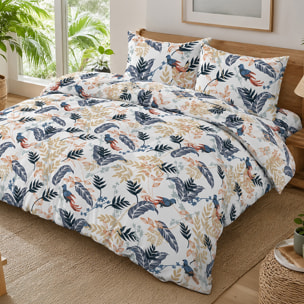 Parure housse de couette 100% percale de coton motif topical feuillage et oiseaux - Oizel
