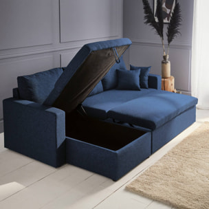 Canapé d'angle convertible en tissu bleu - IDA - 3 places. fauteuil d'angle réversible coffre rangement lit modulable