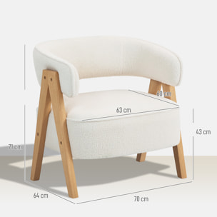 Butaca de Salón Tapizada en Borreguito, Sillón de Lectura Acolchado Grueso y Moderno, Asiento Ancho, Patas de Madera, Respaldo Curvado, para Dormitorio, Oficina, Blanco