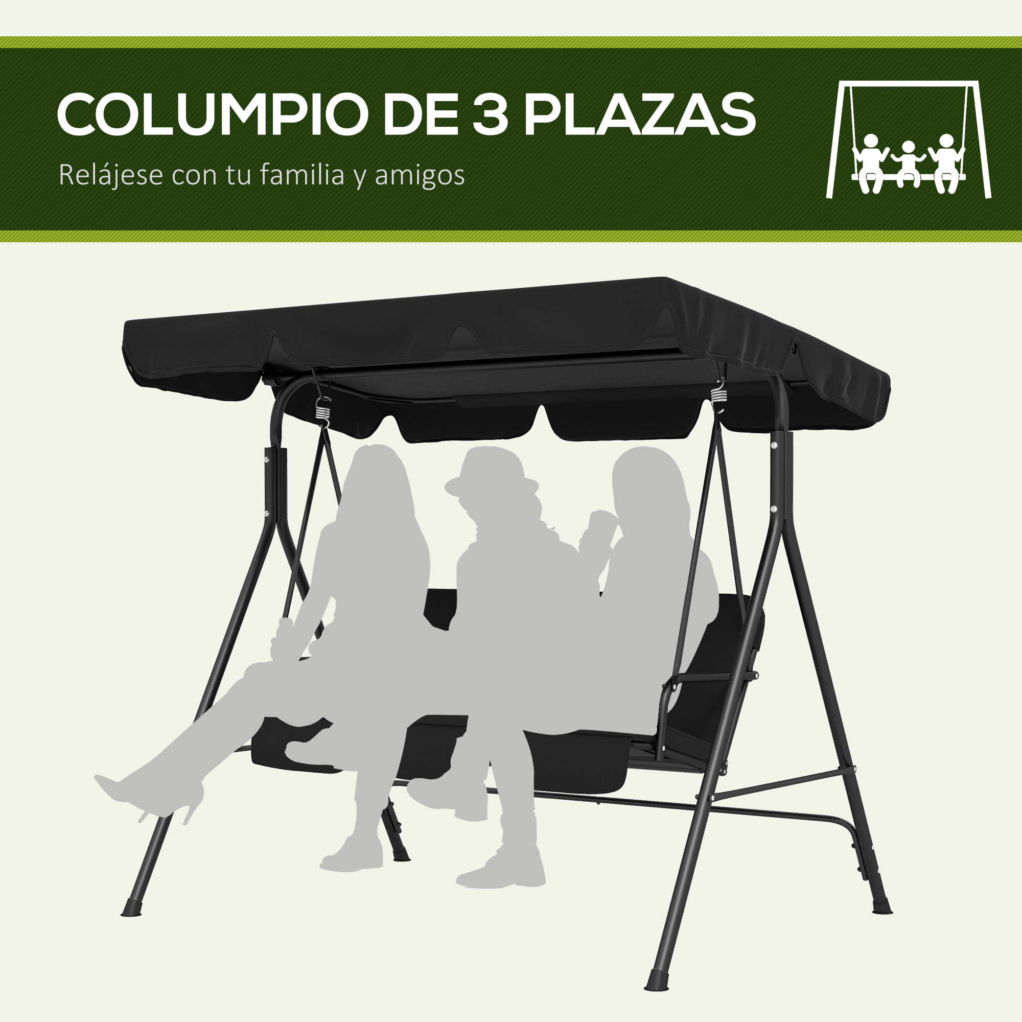 Columpio de Jardín de 3 Plazas Balancín Exterior con Techo Ajustable y Marco de Acero para Balcón Terraza Patio Carga 200 kg 172x110x153 cm Negro