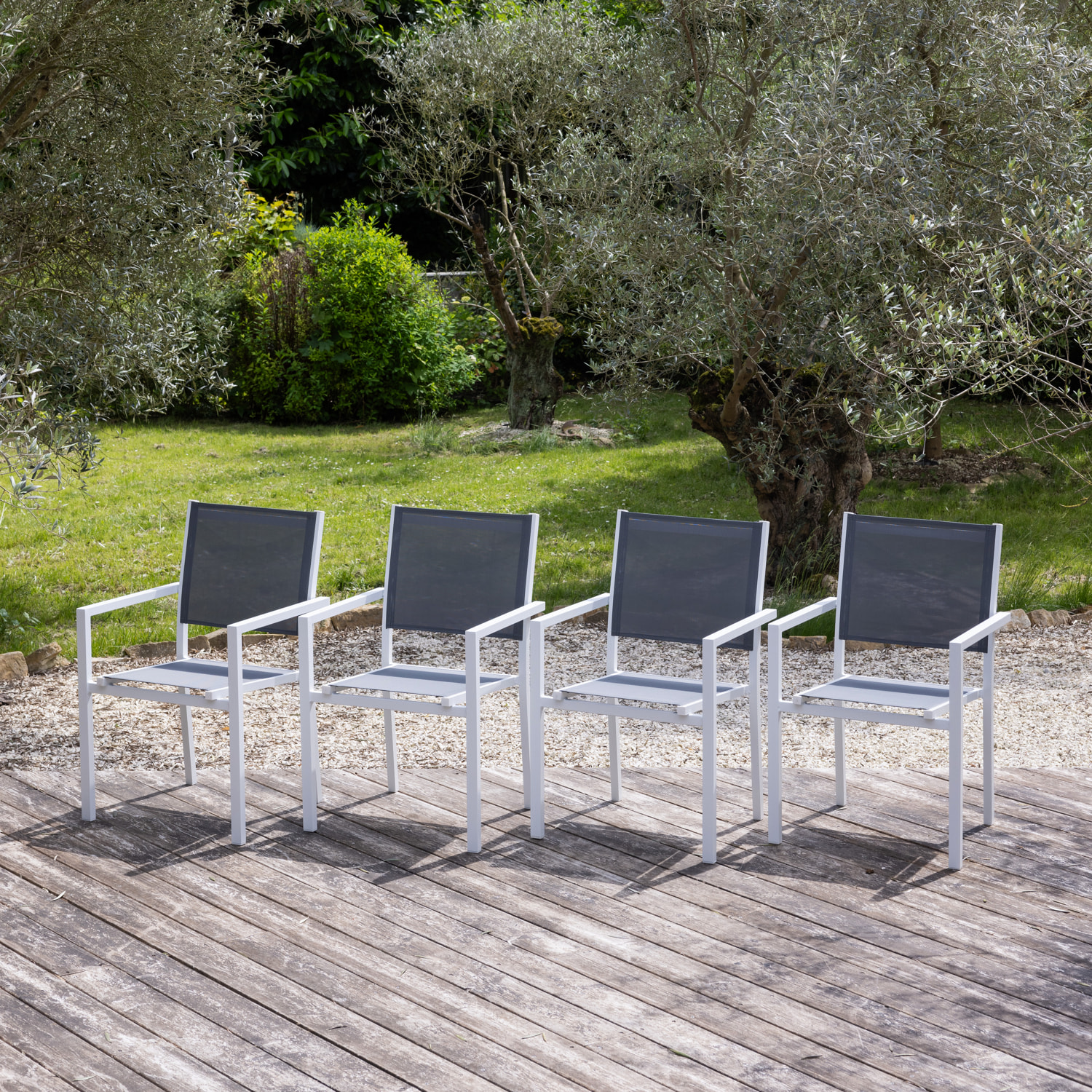 Lot de 4 chaises en aluminium blanc - textilène gris