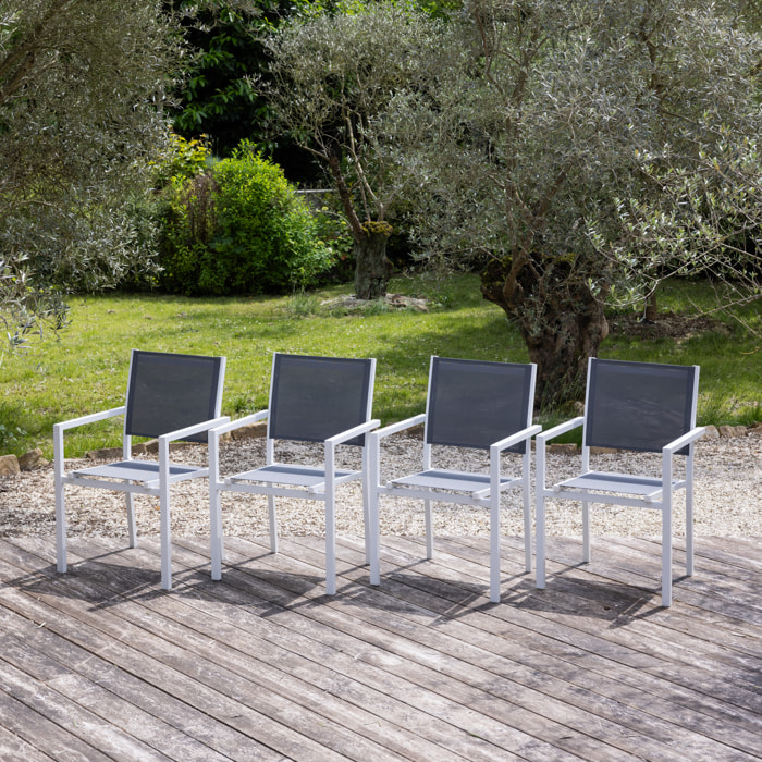 Lot de 4 chaises en aluminium blanc - textilène gris