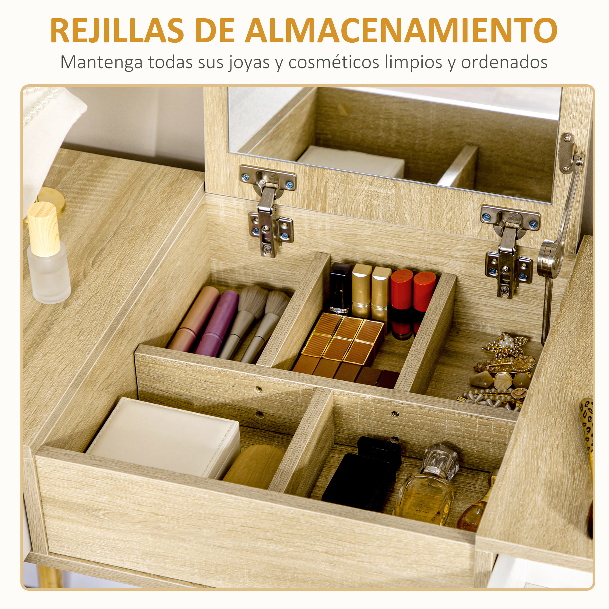 Pack Tocador y Silla con Espejo de Madera 100x45x118cm Natural