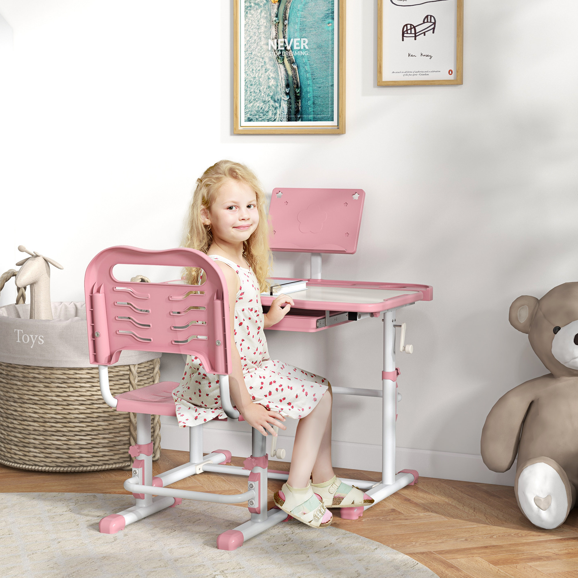 ZONEKIZ Juego de Escritorio y Silla para Niños de 6-12 Años Pupitre Infantil Altura Ajustable con 1 Cajón 1 Estante para Libros y Ángulo de Mesa Ajustable 80x49,5x82-104 cm Rosa y Blanco