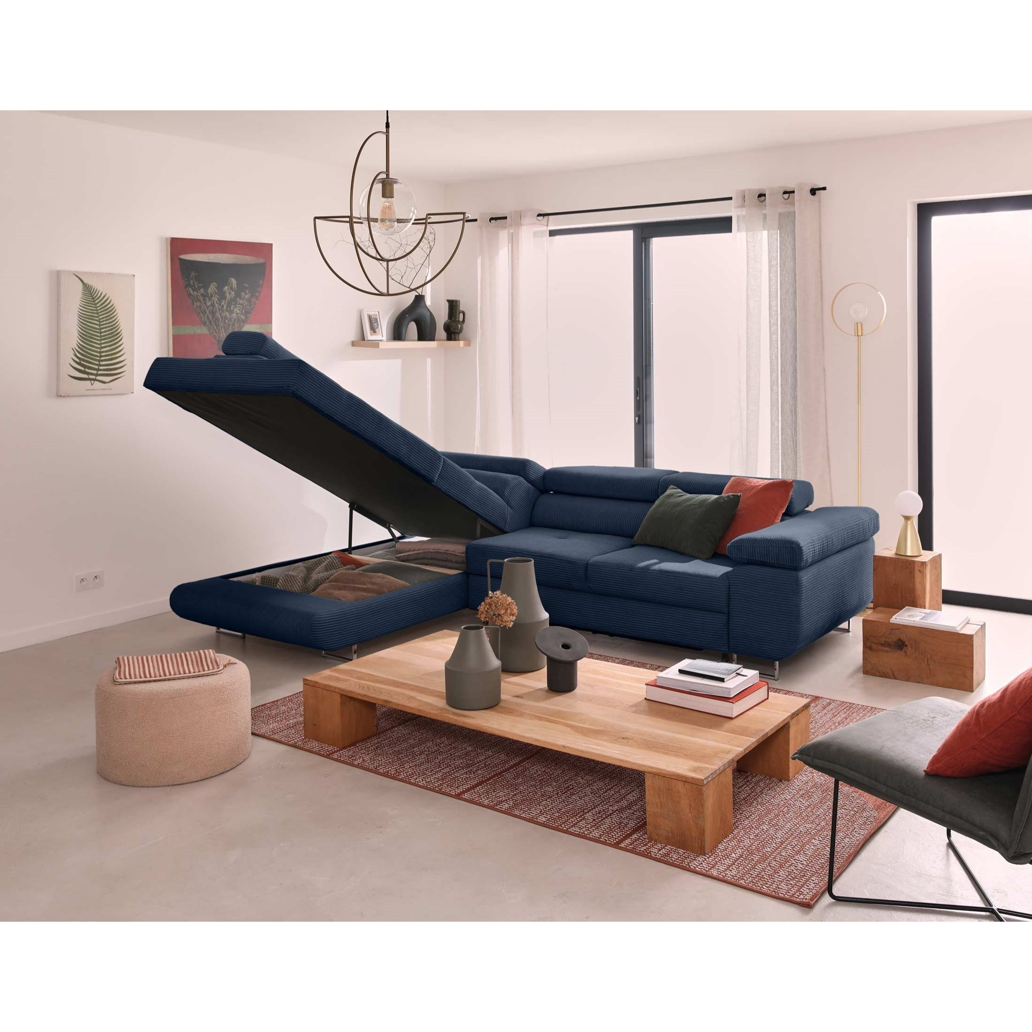 Zaria - canapé d'angle gauche - convertible avec coffre et têtières réglables - 5 places - en velours côtelé - Bleu