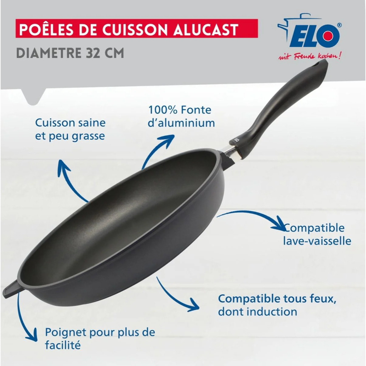 Poêle à frire 32 cm avec couvercle en verre sans PFAS Elo Alucast