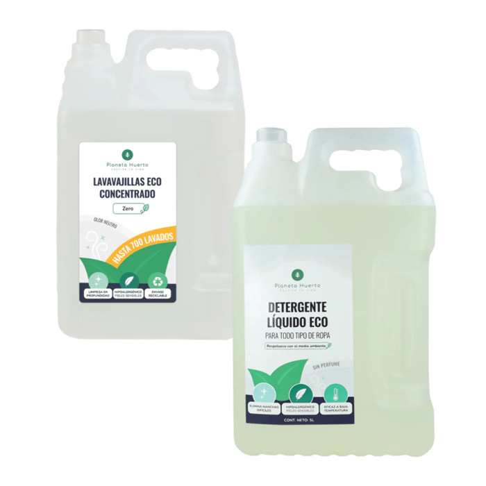 Pack hipoalergénico sin perfume ECO: Lavavajillas Manual 5 litros + Detergente Líquido Ropa 5 litros Planeta Huerto