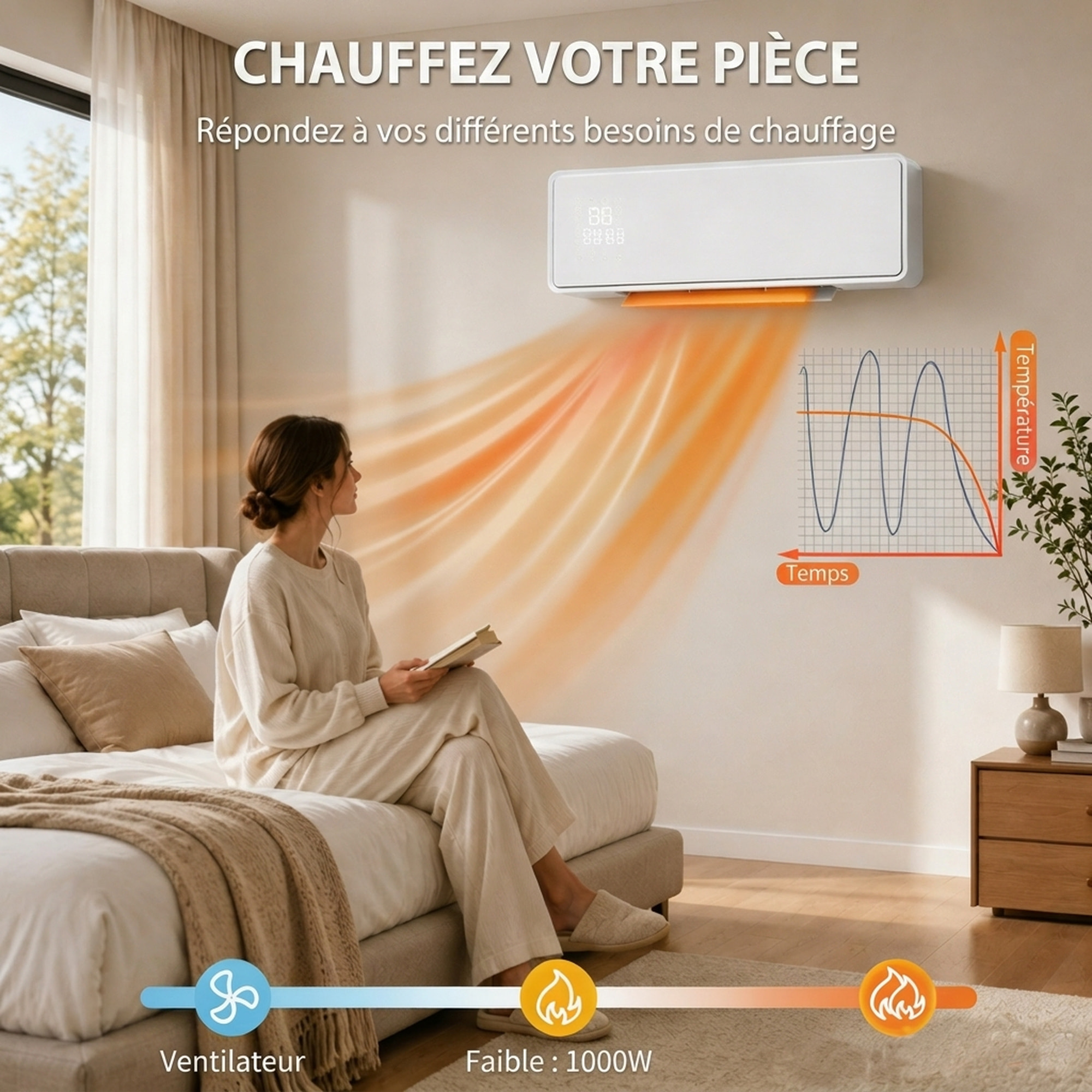 Chauffage soufflant mural 2000W chauffage céramique PTC radiateur réglable timer oscillant télécommande blanc