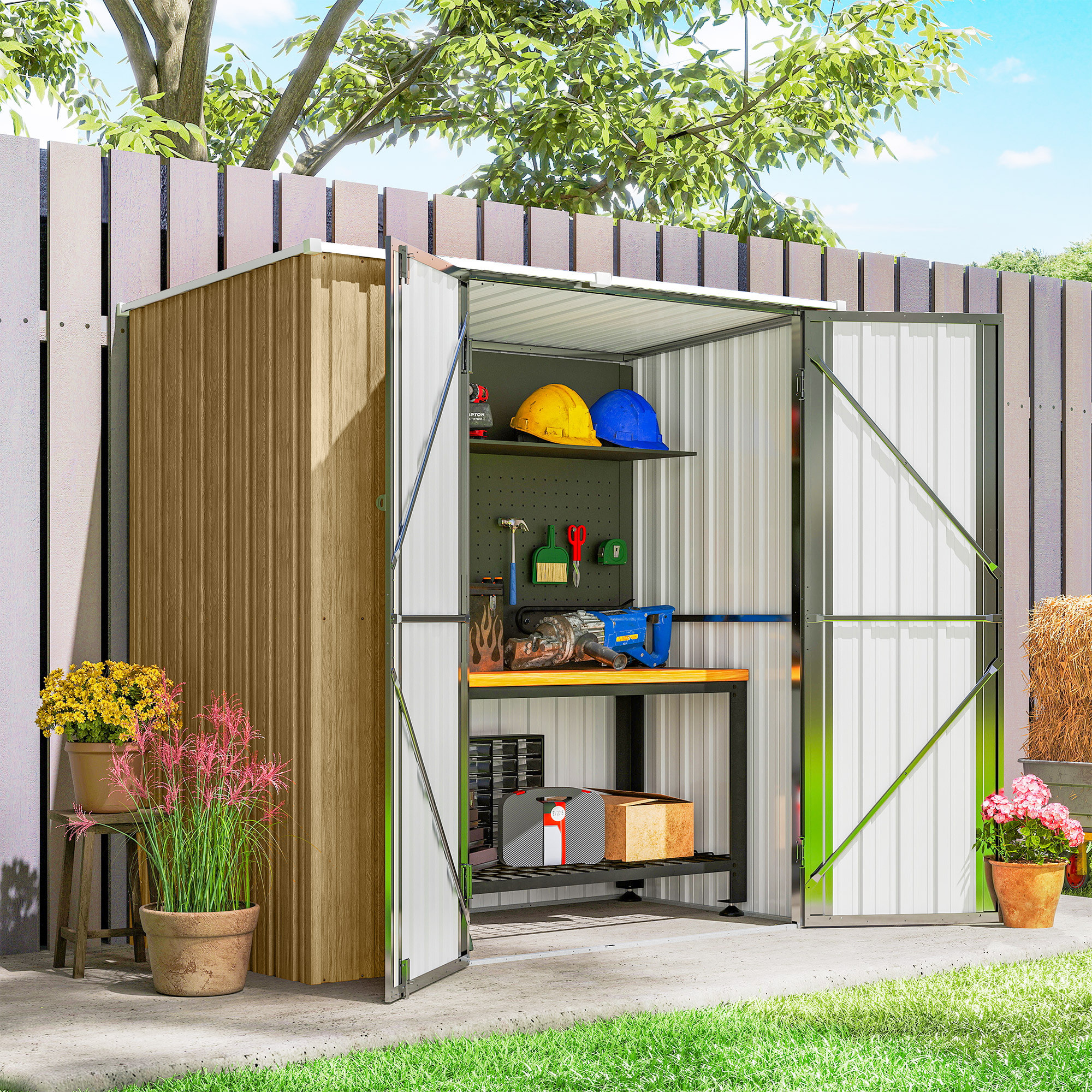Caseta de Jardín Exterior 1,37 m², 163x89x163 cm, Cobertizo de Jardín Exterior Metálico con Techo Inclinado, Puertas con Pestillo y Guantes para Almacenamiento de Herramientas, Marrón Claro