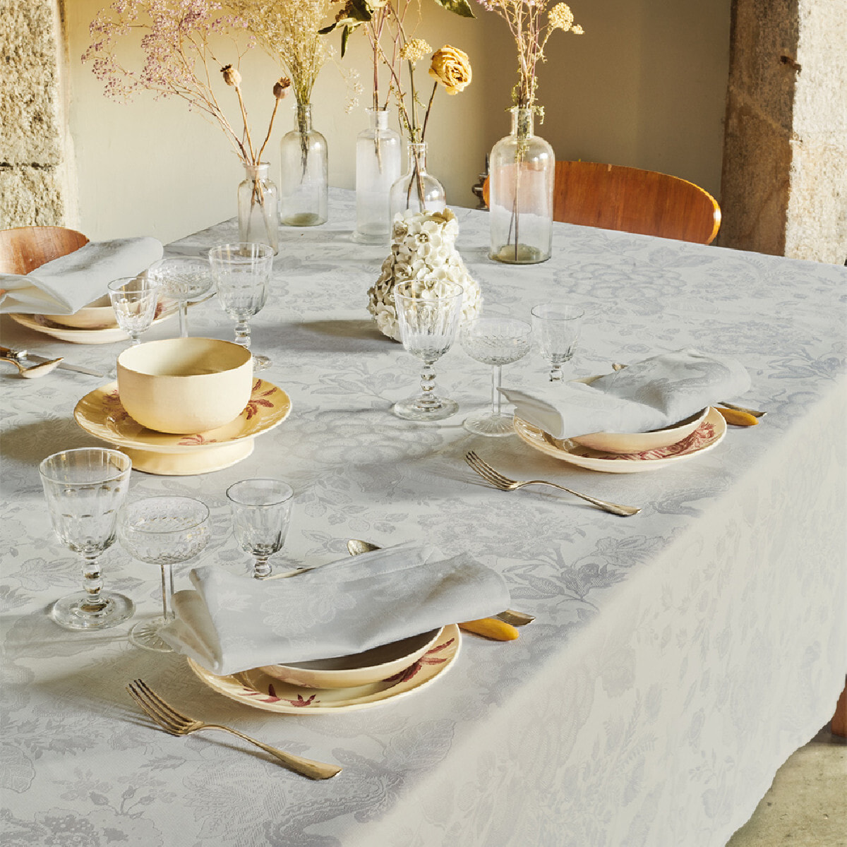 Serviette lin & coton anti tache motif jacquard Mille giverny opale