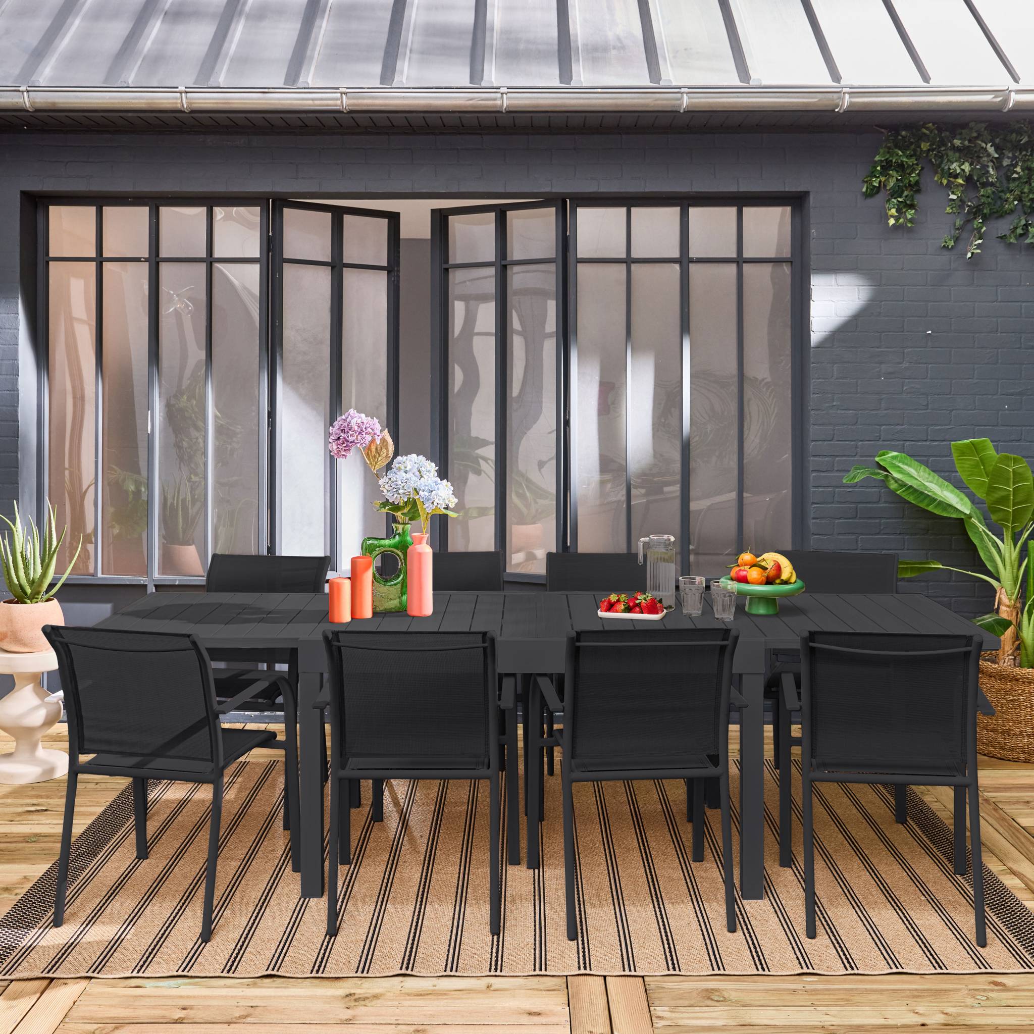 Table de jardin extensible aluminium + 8 assises ELORA + AMARA