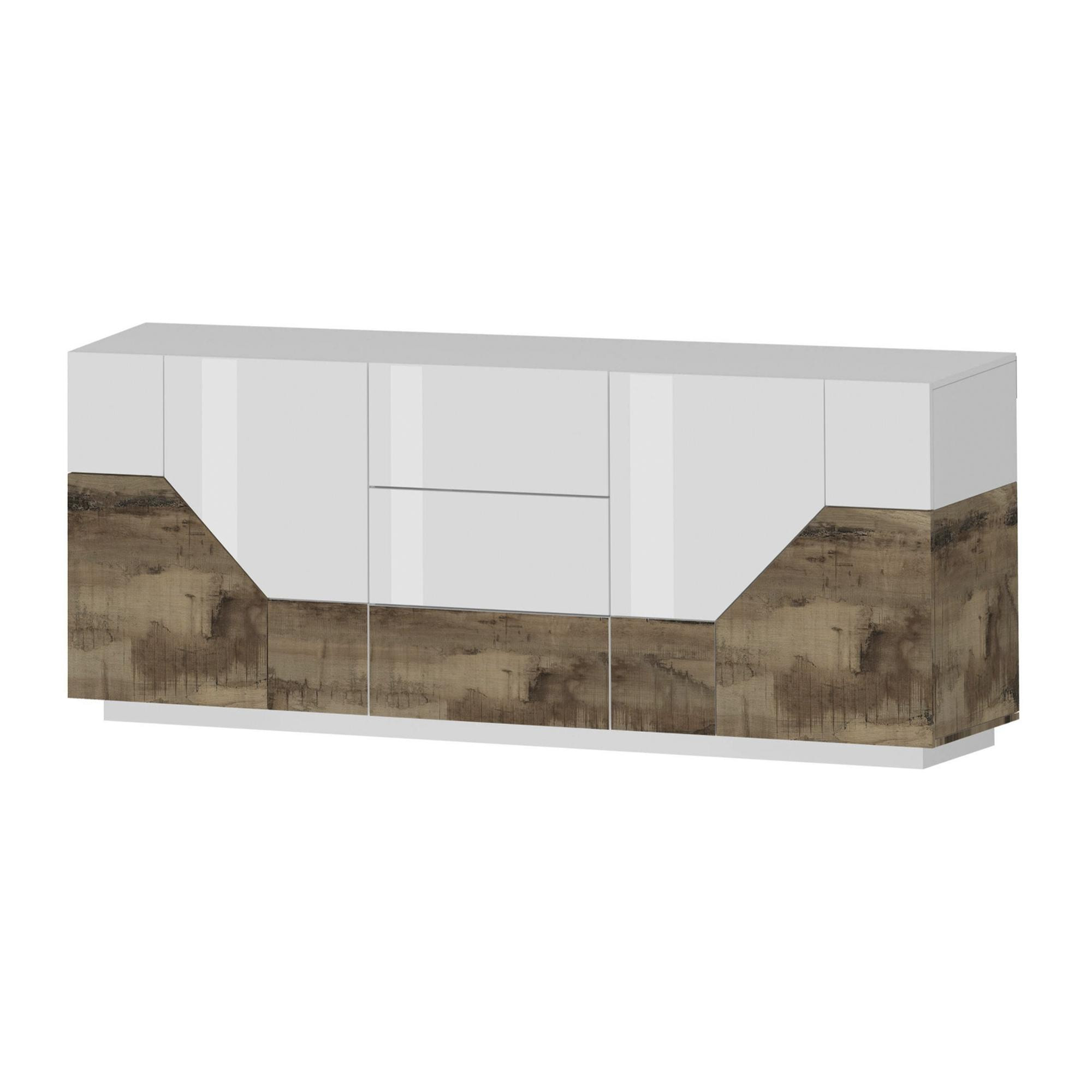 Credenza moderna a 4 ante geometriche e 3 cassetti, Made in Italy, Madia da cucina, Buffet di design da soggiorno, Cm 220x43h86, Bianco lucido e Acero