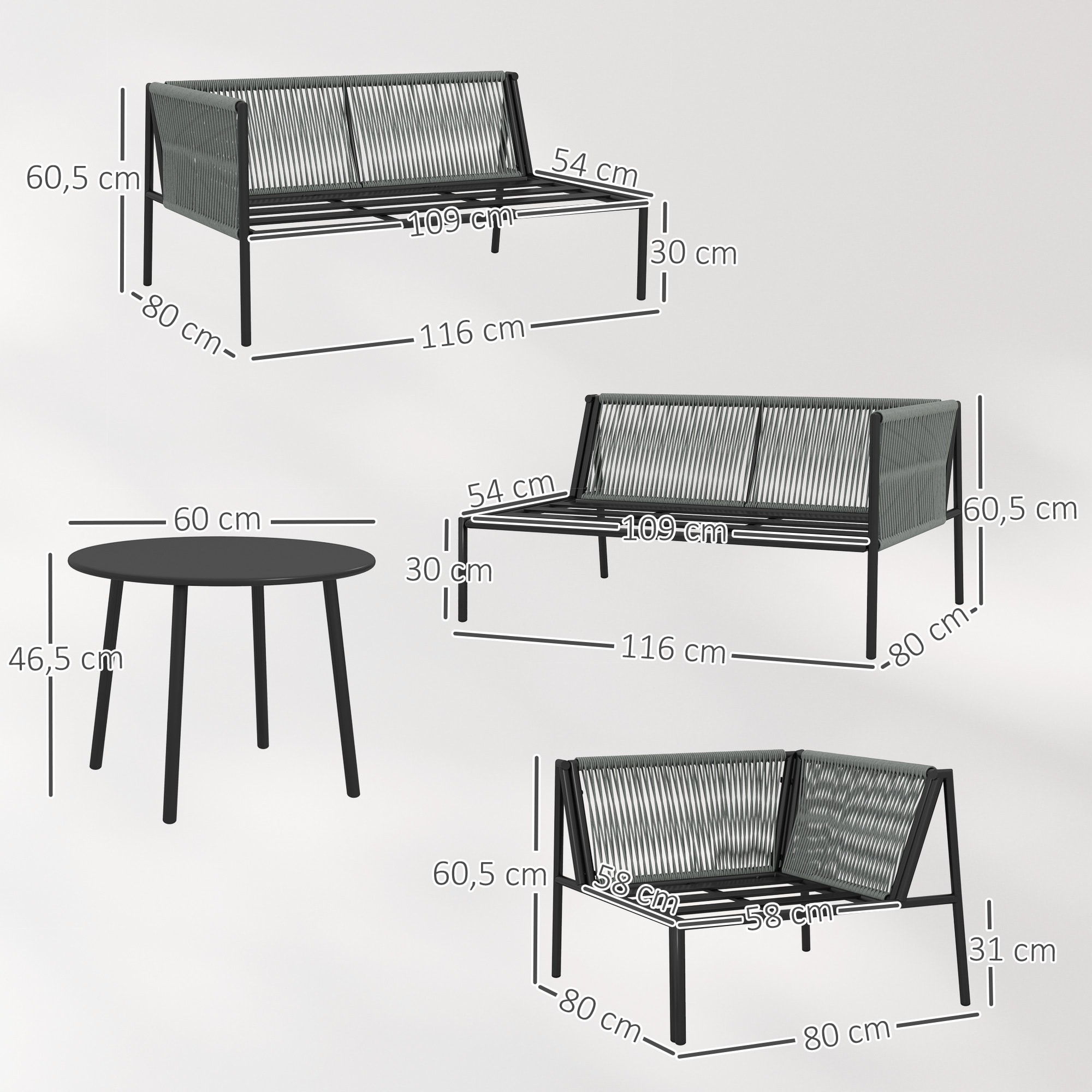 Salon de jardin d'angle 5 places en résine tressée avec table basse et coussins gris