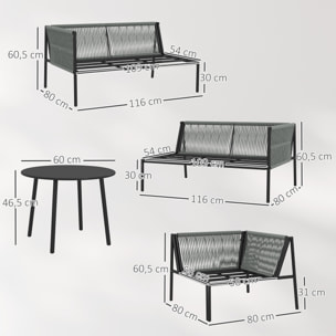 Salon de jardin d'angle 5 places en résine tressée avec table basse et coussins gris