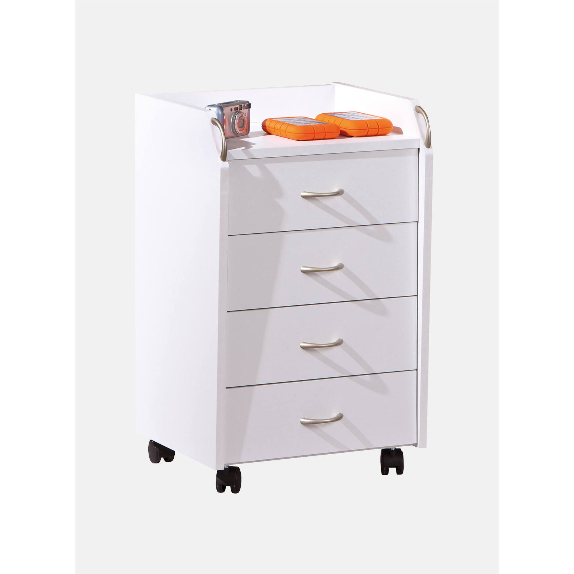 Cassettiera con ruote, 4 cassetti, 40 x 36 x 65 cm, mobile per ufficio, bianco