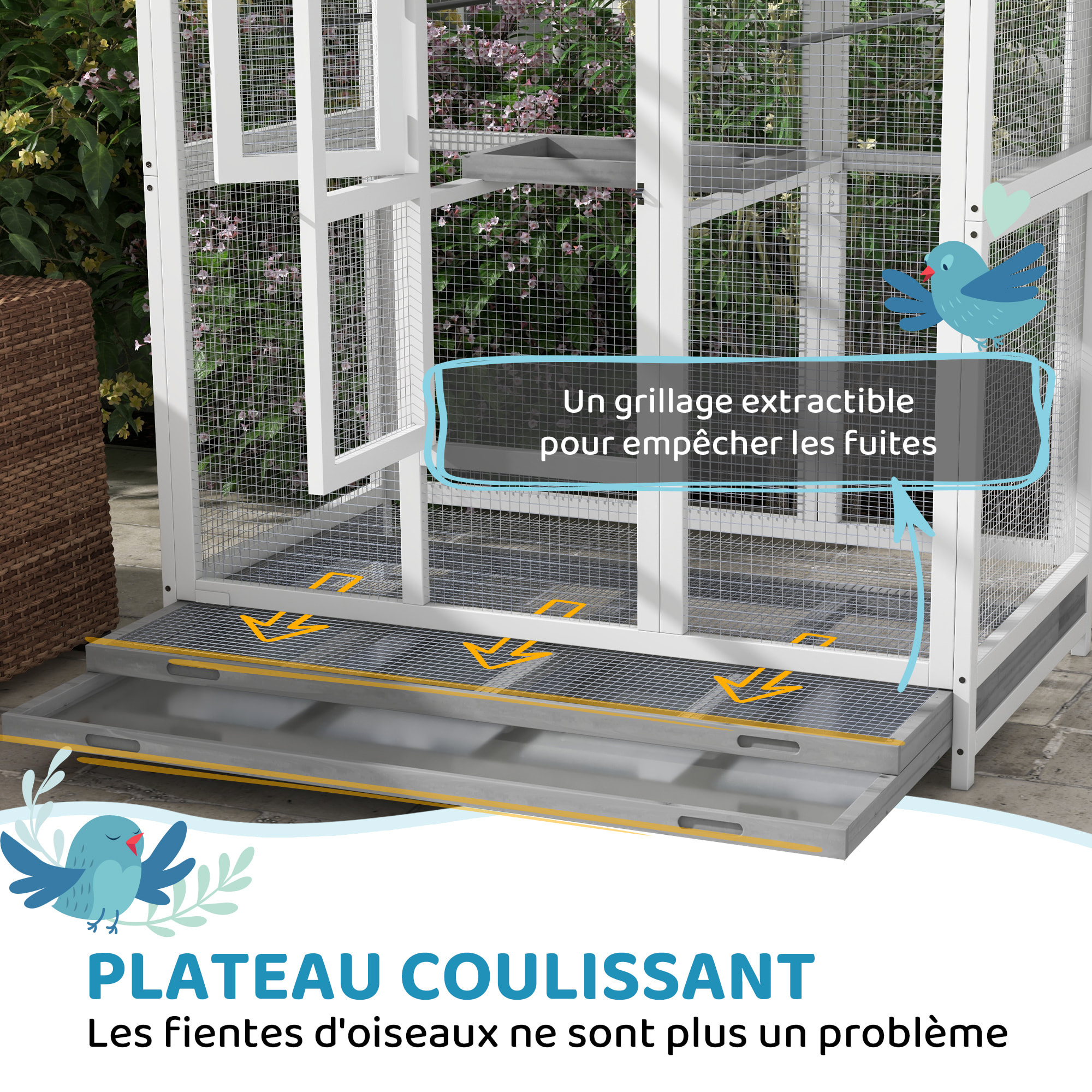 Cage oiseau grande taille - volière à oiseaux dim. 112 x 68 x 154 cm - nombreux accessoires - métal bois blanc gris noir