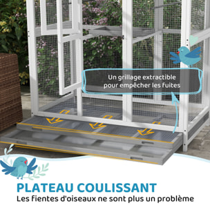 Cage oiseau grande taille - volière à oiseaux dim. 112 x 68 x 154 cm - nombreux accessoires - métal bois blanc gris noir