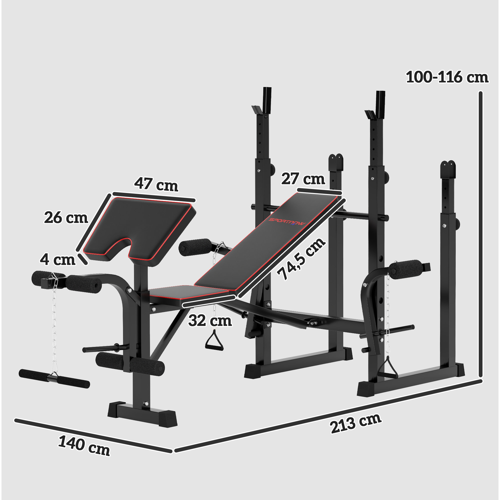 Banco de Musculación Plegable Banco de Pesas con Soportes para Barra Regulables y Respaldo Ajustable para Entrenamiento Completos de Cuerpo en Casa Gimnasio Negro
