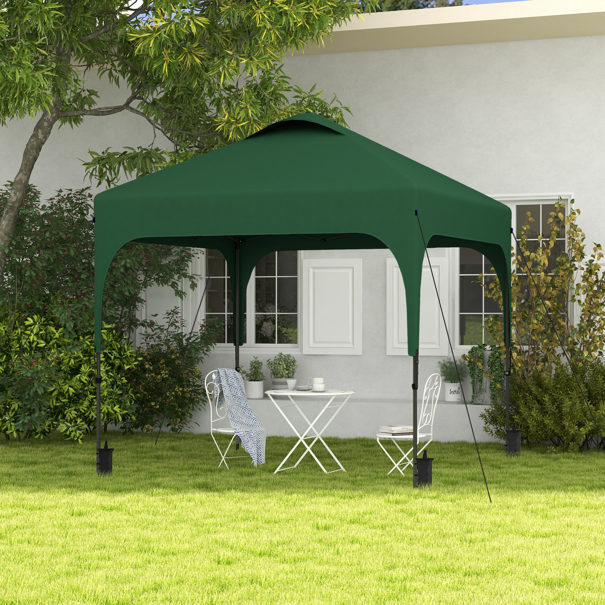 Outsunny Cenador Plegable 2,5x2,5x2,68 m Carpa de Jardín Protección UV 50+ Ajustable en Altura con 4 Bolsas de Arena y Bolsa de Transporte para Camping Fiestas Patio Verde Oscuro