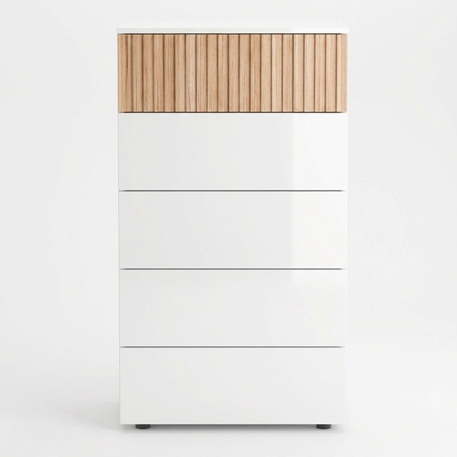 Comò Settimino 5 Cassetti Settimanale Alto Salvaspazio Mobile Mobiletto Cassettiera Camera da Letto Ingresso 109 x 61 x 40 Cm Bianco E Rovere Listato