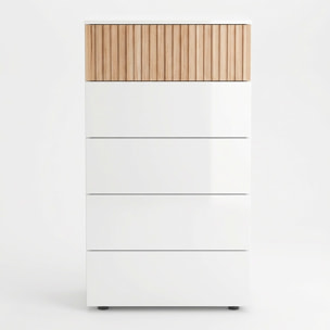 Comò Settimino 5 Cassetti Settimanale Alto Salvaspazio Mobile Mobiletto Cassettiera Camera da Letto Ingresso 109 x 61 x 40 Cm Bianco E Rovere Listato