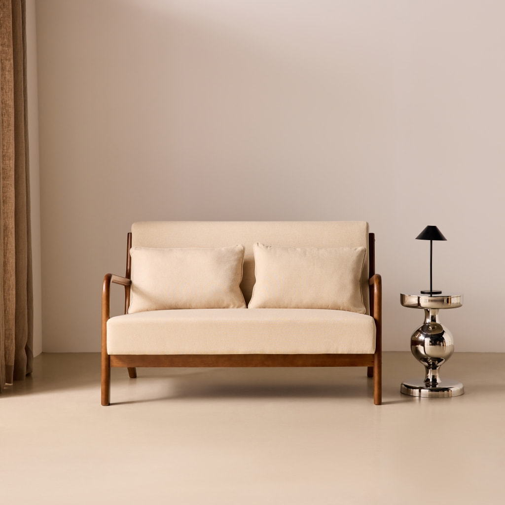 Banquette scandinave 2 places bois d'hévéa teinté noyer clair et tissu LORENS