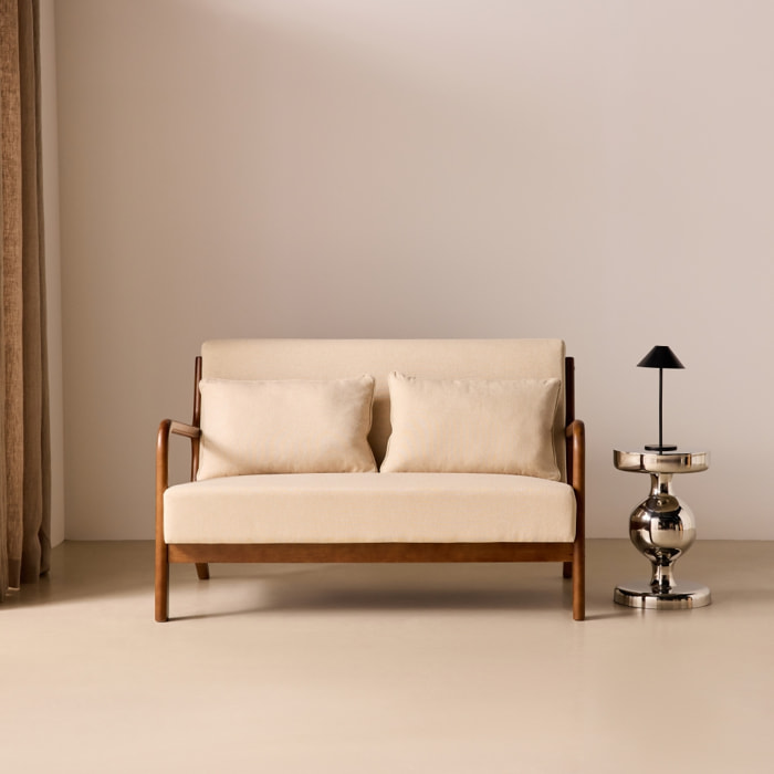 Banquette scandinave 2 places bois d'hévéa teinté noyer clair et tissu LORENS